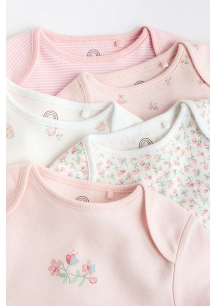 % 100 Pamuklu Pembe Çiçek Desenli Kısa Kollu 5'li Body Zıbın Set fırsatları