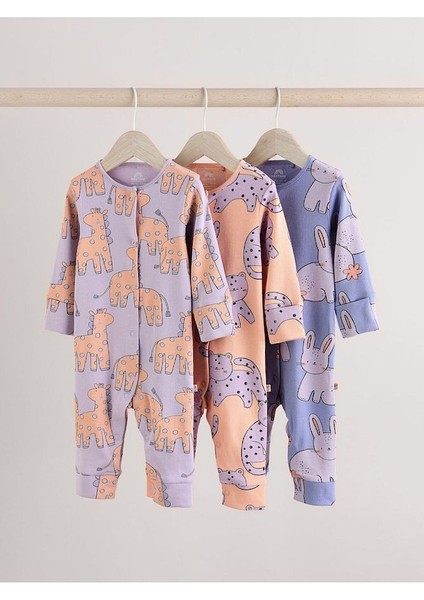 %100 Pamuklu Leylak Moru Hayvan Desenli 3'lü Tulum Set