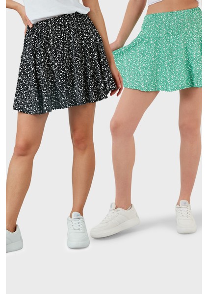 Desenli Beli Lastikli Slim Fit Mini 2'li Paket Şort Etek Bayan Şort Etek 5864024S2