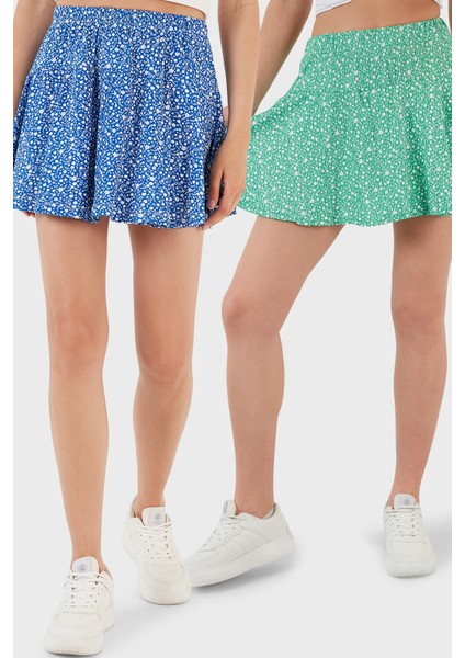 Desenli Beli Lastikli Slim Fit Mini 2'li Paket Şort Etek Bayan Şort Etek 5864024S2