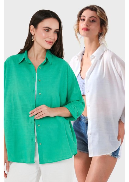 Pamuk Karışımlı Oversize Fit Uzun Kollu 2'li Paket Gömlek Bayan Gömlek 6781001S2