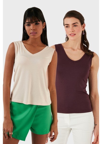 Slim Fit V Yaka Kalın Askılı 2' Li Paket Bluz Bayan Bluz 5864384S2
