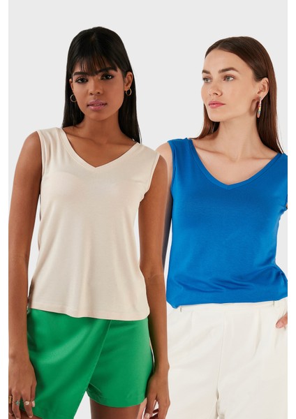Slim Fit V Yaka Kalın Askılı 2' Li Paket Bluz Bayan Bluz 5864384S2