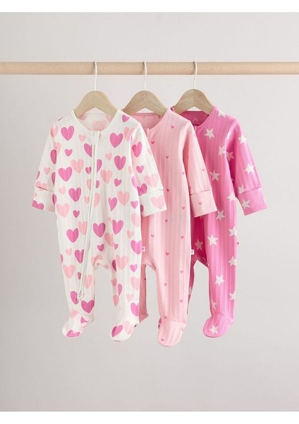 N %100 Pamuklu Pembe Kalp Desenli 3'lü Tulum Set