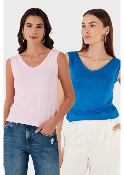 Slim Fit V Yaka Kalın Askılı 2' Li Paket Bluz Bayan Bluz 5864384S2
