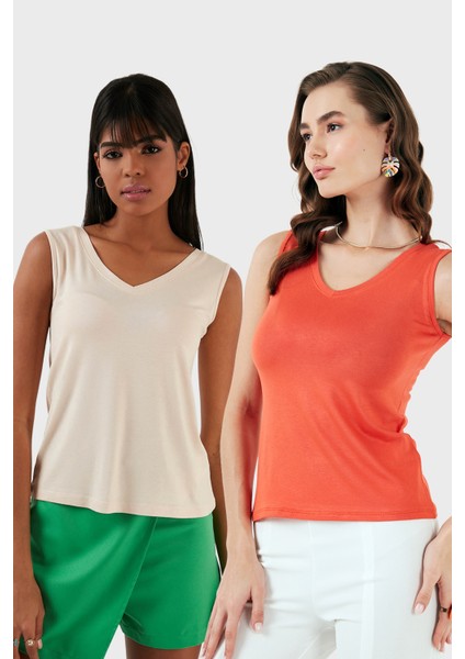 Slim Fit V Yaka Kalın Askılı 2' Li Paket Bluz Bayan Bluz 5864384S2
