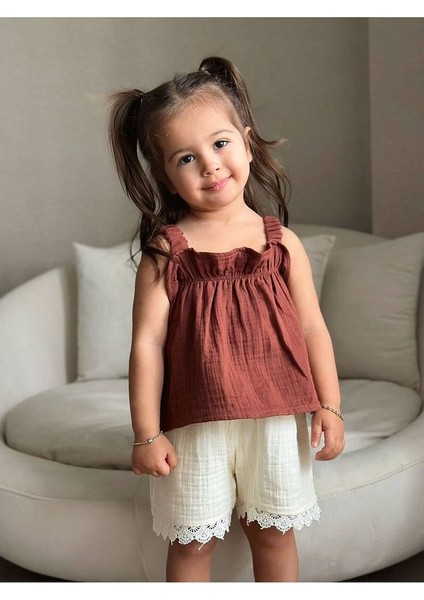 Little Twins Pamuklu Krem Kahve Askılı Müslin Alt Üst Takım