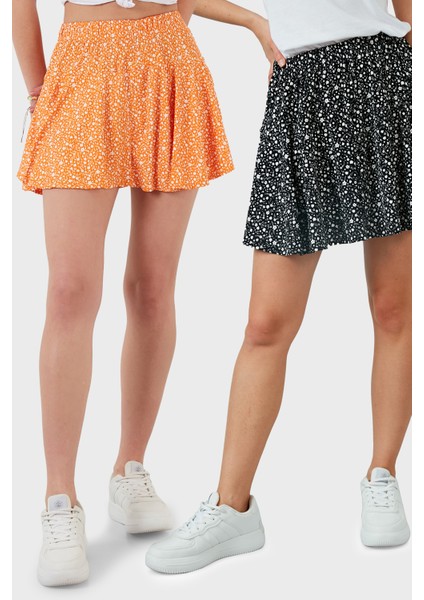 Desenli Beli Lastikli Slim Fit Mini 2'li Paket Şort Etek Bayan Şort Etek 5864024S2