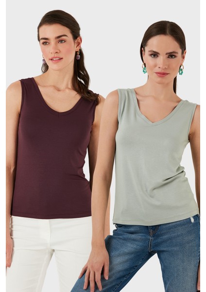 Slim Fit V Yaka Kalın Askılı 2' Li Paket Bluz Bayan Bluz 5864384S2