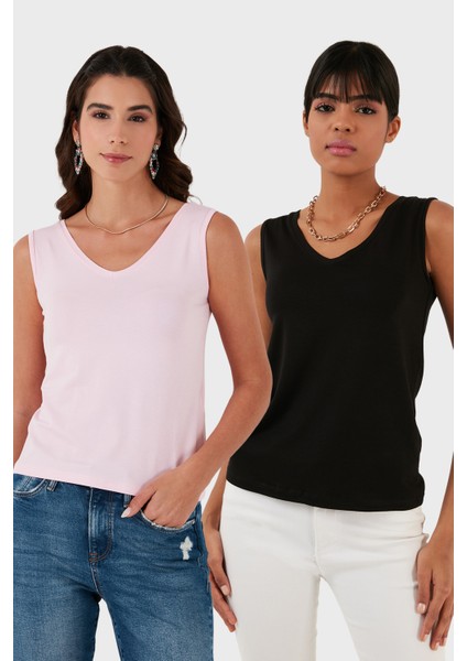 Slim Fit V Yaka Kalın Askılı 2' Li Paket Bluz Bayan Bluz 5864384S2