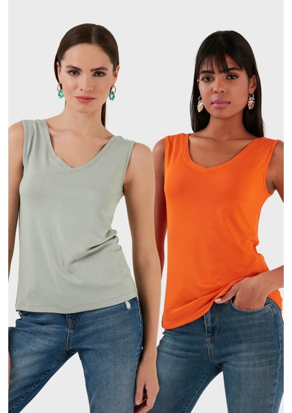 Slim Fit V Yaka Kalın Askılı 2' Li Paket Bluz Bayan Bluz 5864384S2