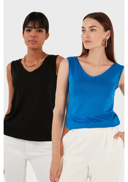 Slim Fit V Yaka Kalın Askılı 2' Li Paket Bluz Bayan Bluz 5864384S2