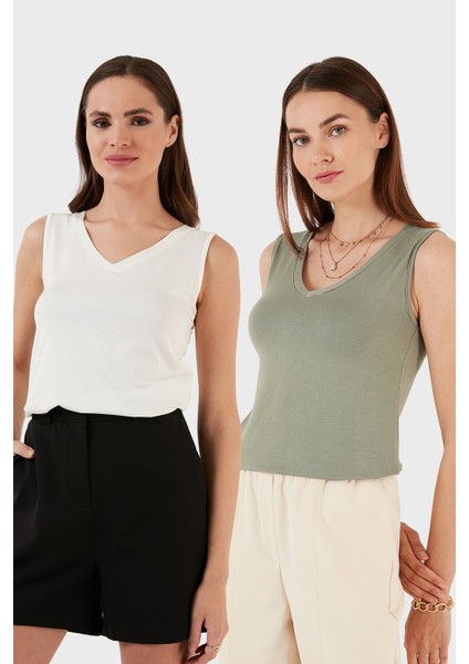 Slim Fit V Yaka Kalın Askılı 2' Li Paket Bluz Bayan Bluz 5864384S2