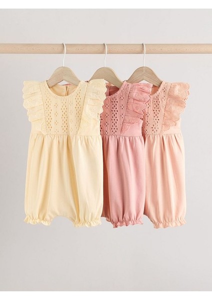 %100 Pamuklu Krem Pembe Fırfır Kol Dantel Detaylı 3'lü Romper Set