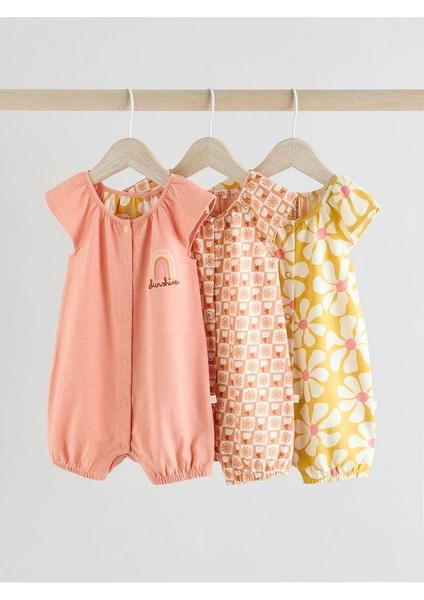 %100 Pamuklu Pembe Sarı Çiçek Desenli 3'lü Romper Set