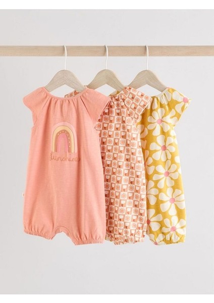 %100 Pamuklu Pembe Sarı Çiçek Desenli 3'lü Romper Set fiyatları