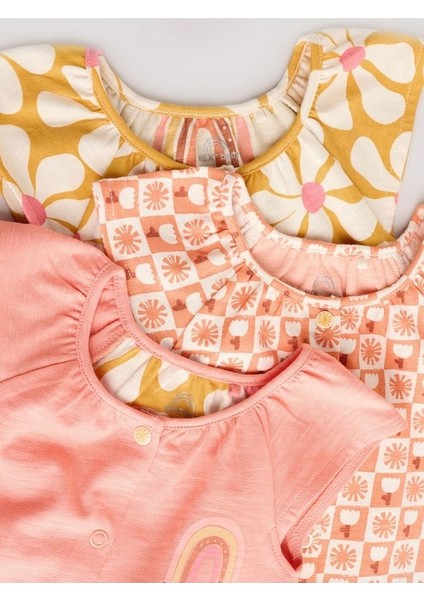 %100 Pamuklu Pembe Sarı Çiçek Desenli 3'lü Romper Set fırsatları