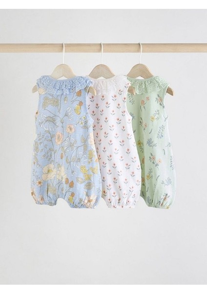%100 Pamuklu Mavi Krem Çiçek Desenli 3'lü Romper Set