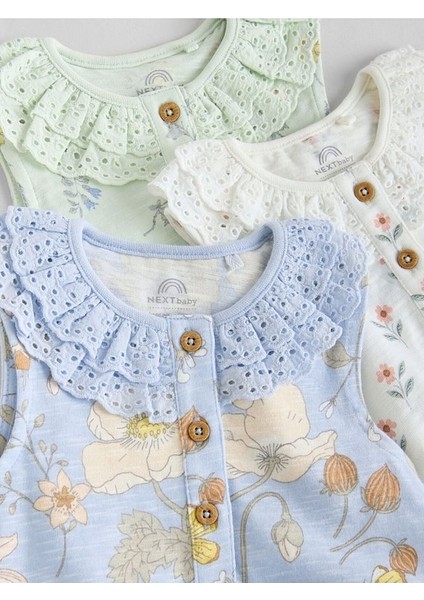%100 Pamuklu Mavi Krem Çiçek Desenli 3'lü Romper Set