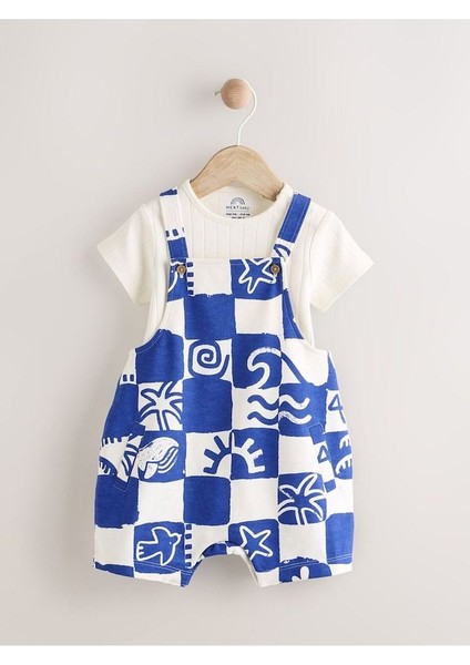 %100 Pamuklu Mavi Baskılı Salopet Body Zıbın Set