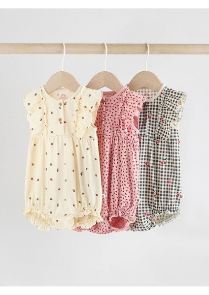 %100 Pamuklu Monochrome Çiçek Desenli 3'lü Romper Set