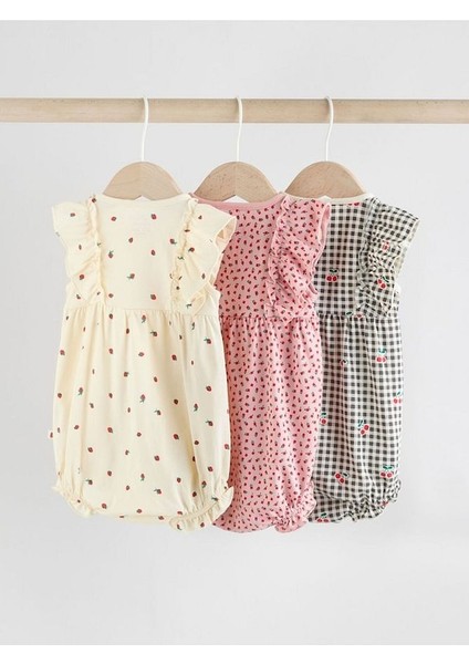 %100 Pamuklu Monochrome Çiçek Desenli 3'lü Romper Set