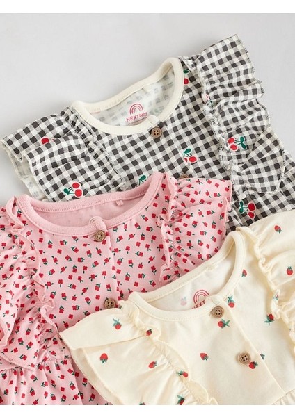 %100 Pamuklu Monochrome Çiçek Desenli 3'lü Romper Set