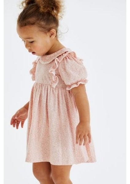 Pamuklu Pembe Kısa Kollu Bebe Yaka Elbise