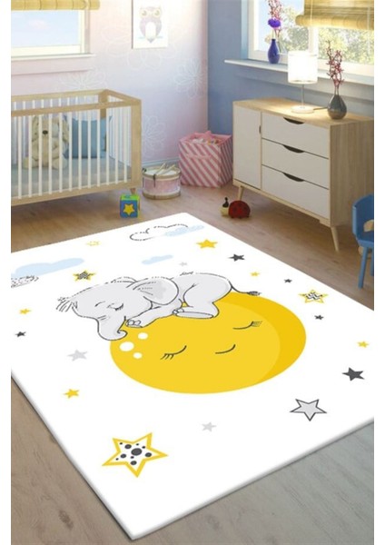 Elephant Baskılı Kaymaz Tabanlı Makinede Yıkanabilir Çocuk Halısı