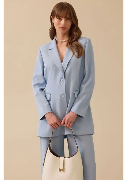 Kadın Arka Düğme Detaylı Blazer Ceket - Mavi