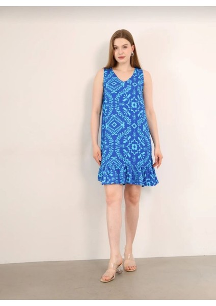 Kadın Desenli Kolsuz Askılı Volanlı Yazlık Viskon Elbise Eteği Fırfırlı