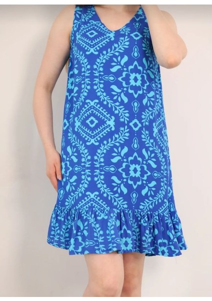 Kadın Desenli Kolsuz Askılı Volanlı Yazlık Viskon Elbise Eteği Fırfırlı modelleri