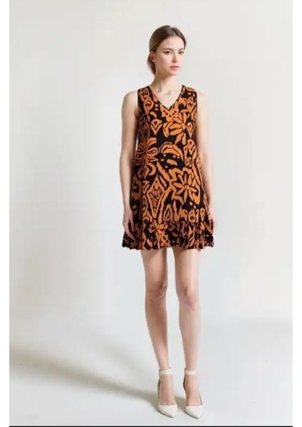 Kadın Desenli Kolsuz Askılı Volanlı Yazlık Viskon Elbise Eteği Fırfırlı fiyatları