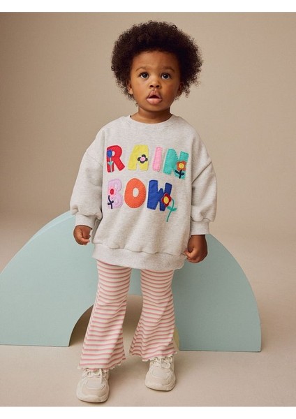 Pamuklu Gri Pembe Baskılı Uzun Kollu Sweatshirt Tayt Alt Üst Takım