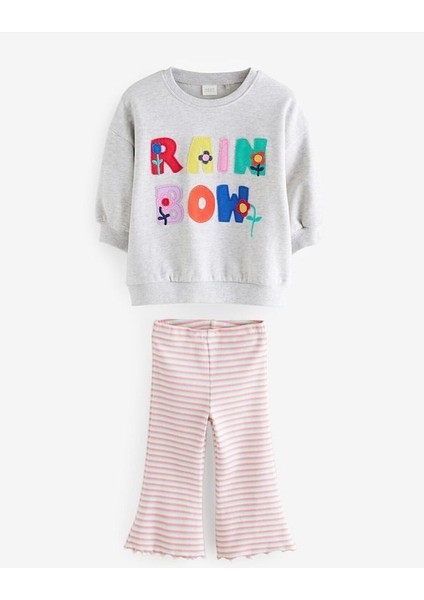 Pamuklu Gri Pembe Baskılı Uzun Kollu Sweatshirt Tayt Alt Üst Takım fırsatları