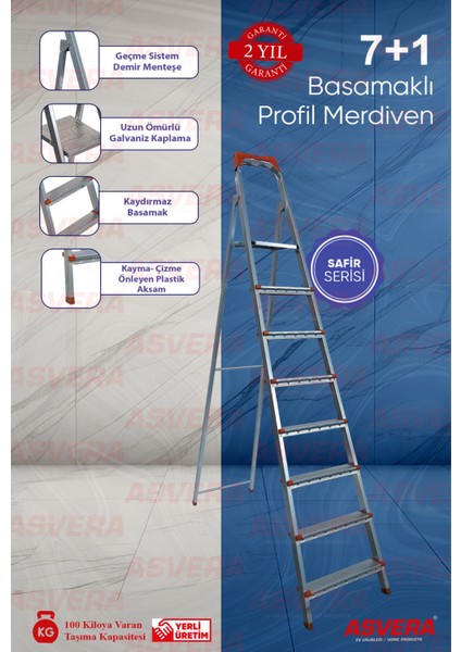 Safir Serisi 7+1 Basamaklı Galvanizli Profil Merdiven - Ev - Bahçe - Iş Yeri Için Dayanıklı