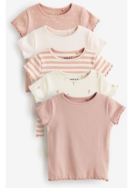 Pamuklu Pembe Krem Ribanalı Kısa Kollu 5'li Şortlu Set