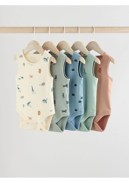% 100 Pamuklu Mavi Animal Desenli 5'li Body Zıbın Set