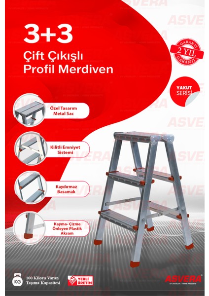 Yakut Serisi 3+3 Basamaklı Çift Çıkışlı Galvanizli Profil Merdiven (Ev, Bahçe, İşyeri İçin Uygun)