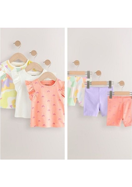 Pamuklu Gökkuşağı Desenli Kısa Kollu Taytlı 3'lü Alt Üst Takım