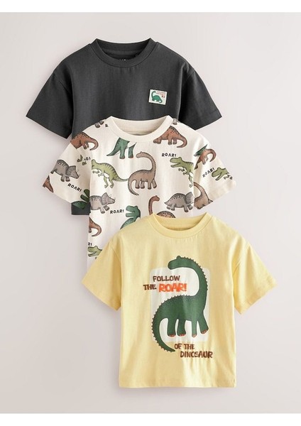 % 100 Pamuklu Sarı Dinozor Desenli Kısa Kollu 3'lü Thsirt Set