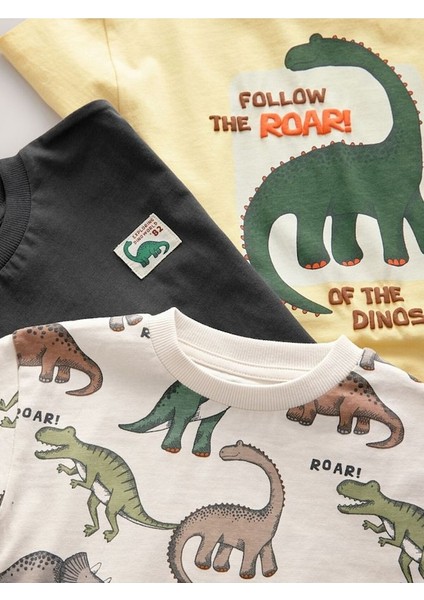 % 100 Pamuklu Sarı Dinozor Desenli Kısa Kollu 3'lü Thsirt Set