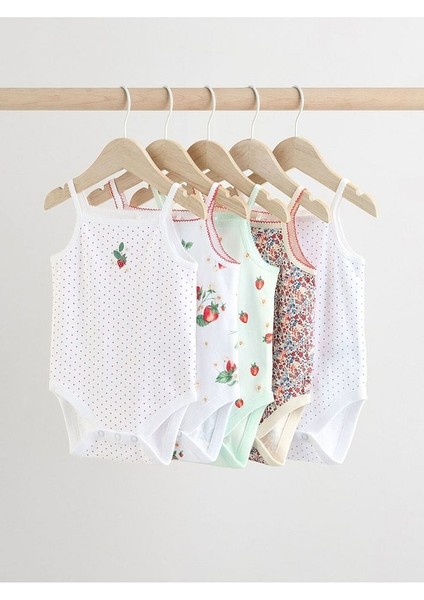 % 100 Pamuklu Beyaz Ip Askılı Çilek Desenli 5'li Body Zıbın Set