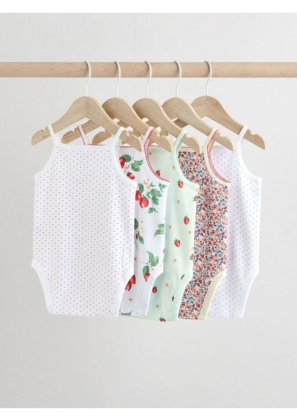 % 100 Pamuklu Beyaz Ip Askılı Çilek Desenli 5'li Body Zıbın Set fiyatları
