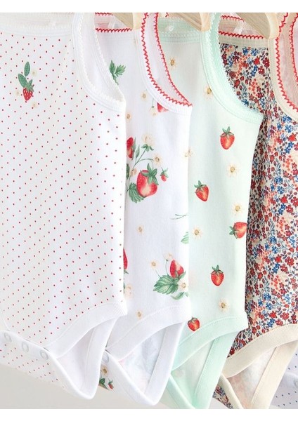 % 100 Pamuklu Beyaz Ip Askılı Çilek Desenli 5'li Body Zıbın Set modelleri