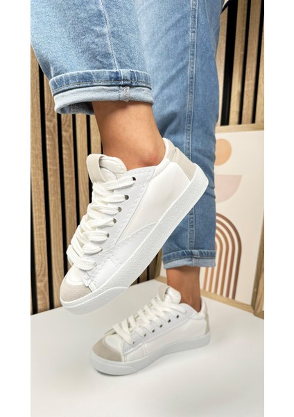 Günlük Kadın Sneaker Bağcıklı Tırtıklı Taban Süet Detaylı Yürüyüş Spor Ayakkabı 07