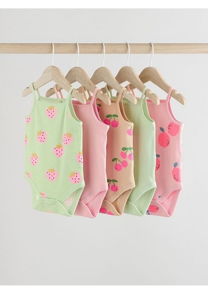 % 100 Pamuklu Yeşil Pembe Meyve Desenli Ip Askılı 5'li Body Zıbın Set