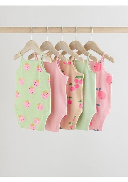 % 100 Pamuklu Yeşil Pembe Meyve Desenli Ip Askılı 5'li Body Zıbın Set fiyatları