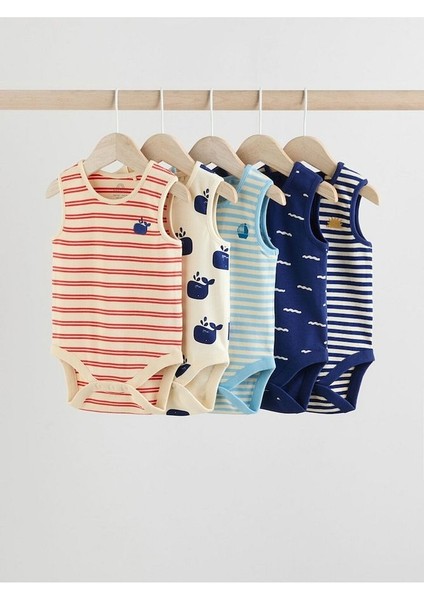 % 100 Pamuklu Kırmızı Mavi Balık Desenli 5'li Body Zıbın Set