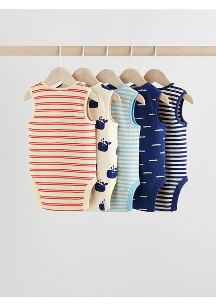 % 100 Pamuklu Kırmızı Mavi Balık Desenli 5'li Body Zıbın Set fiyatları